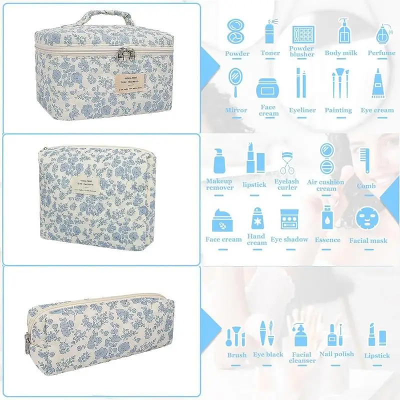 Floral Makeup Bag for Women 3X Cotton Quilted Cosmetic Tote Travel Toiletry Storage Pouch Handbag Flower Cotton Zipper Bags