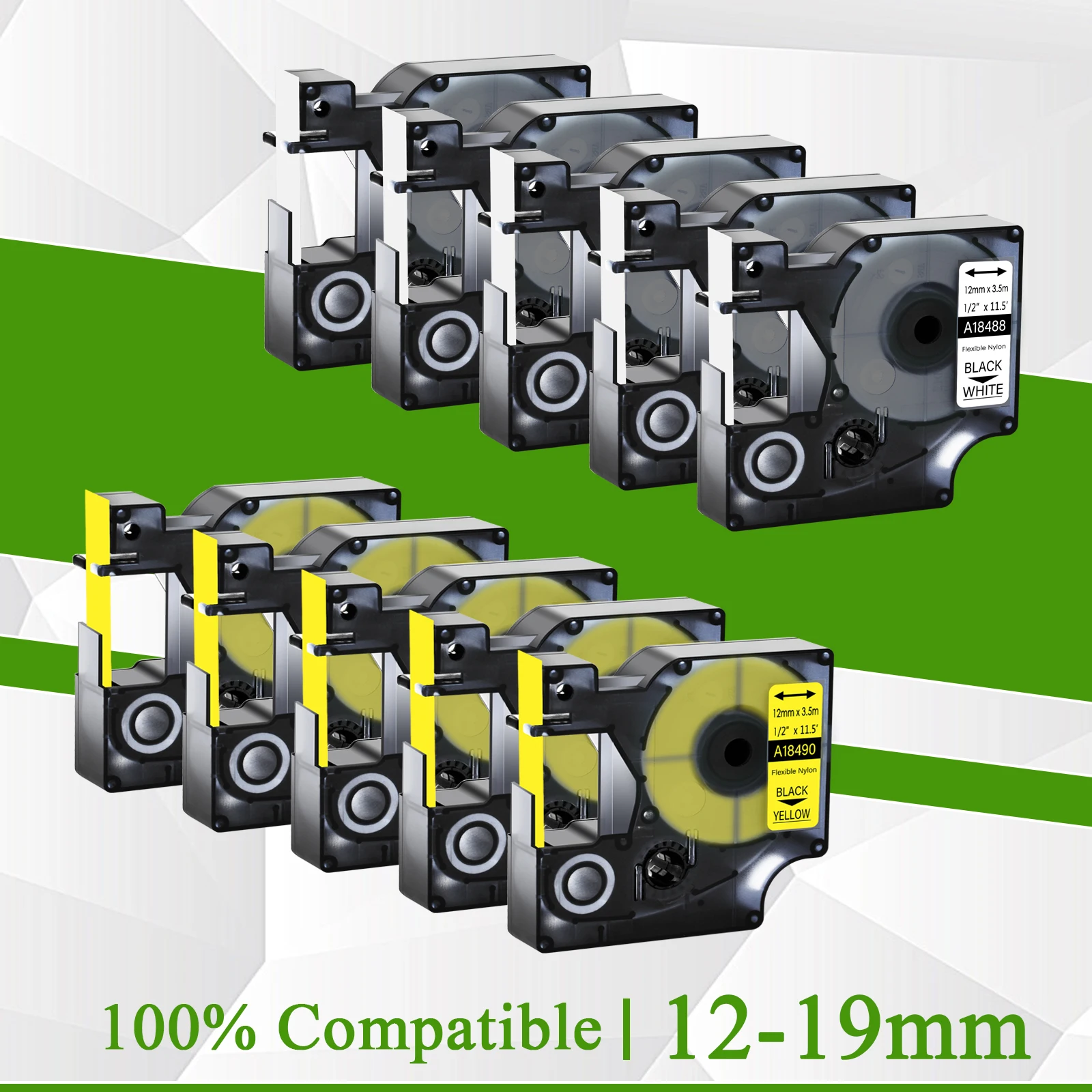 Nastri Per Etichette In Nylon Flessibile Da 10 Pezzi Nero Su Bianco + Nero Su Giallo 12-19Mm Per Dymo Rhino 18488 18490 Per Labelmanager 4200 5000