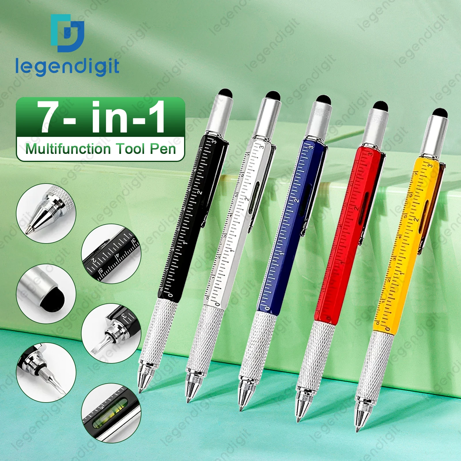 Metal 7-in-1 Multi Tech Tool Pen with Screwdriver Ruler Level Gauge Ballpoint Pen Touch Screen Stylus for Men Engineers Gifts