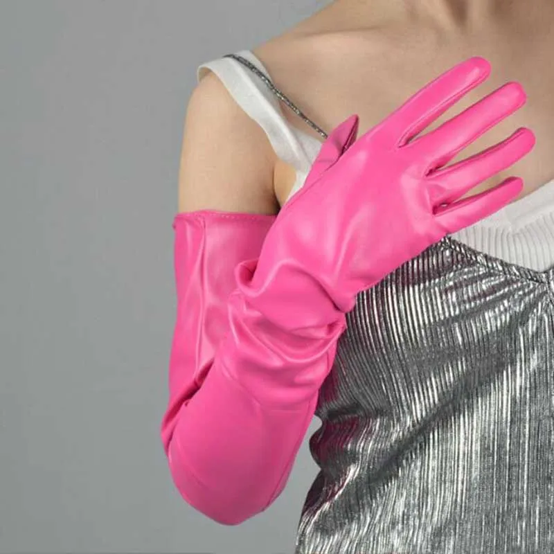 

1Pair Leather Extra Long Gloves for Women Girls Pink Full finger gloves Touchscreen Sexy Nightclub Fashion Patent Leather Gloves