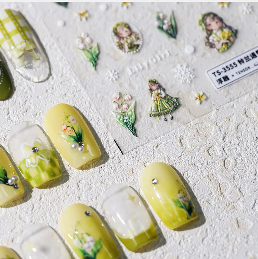 Lovely Lily of The Valley Girls Cartoon 5D Embossed Reliefs Self Adhesive Nail Art Stickers Cute 3D Manicure Decals