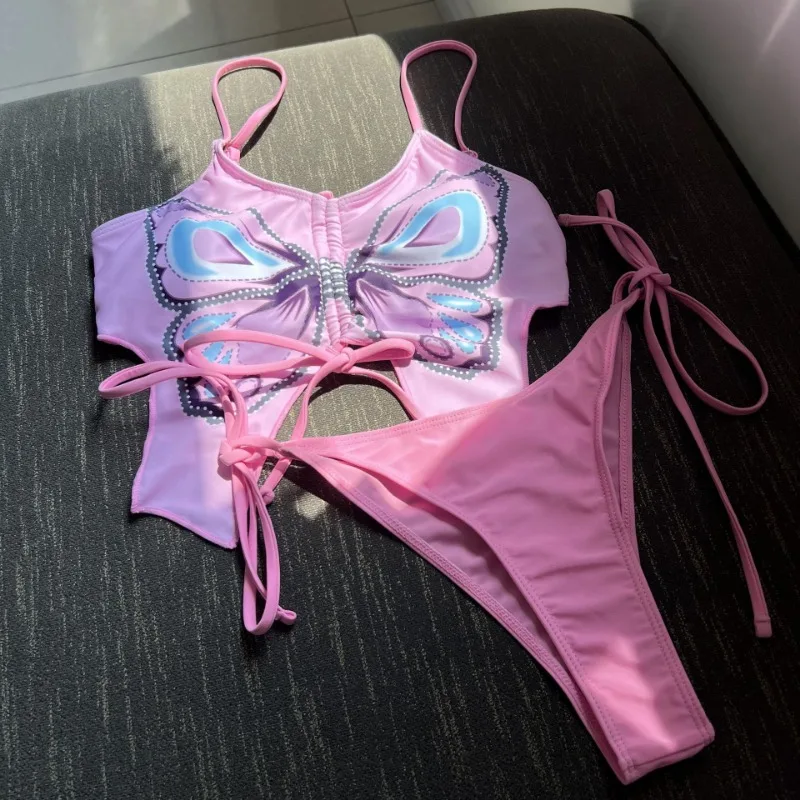 2024 Sexy Women's 2 Pieces Butterfly Print Spaghetti Strap Drawstring Tie Side Bikini Swimsuit Set