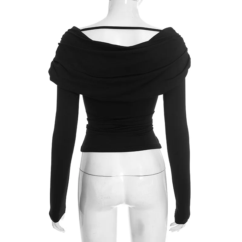 New Spring and Summer 2026 Deep Round Neck Folded Solid Color Women's Long Sleeve T-Shirt Y2k Fashion Slim Fit Pullover Top