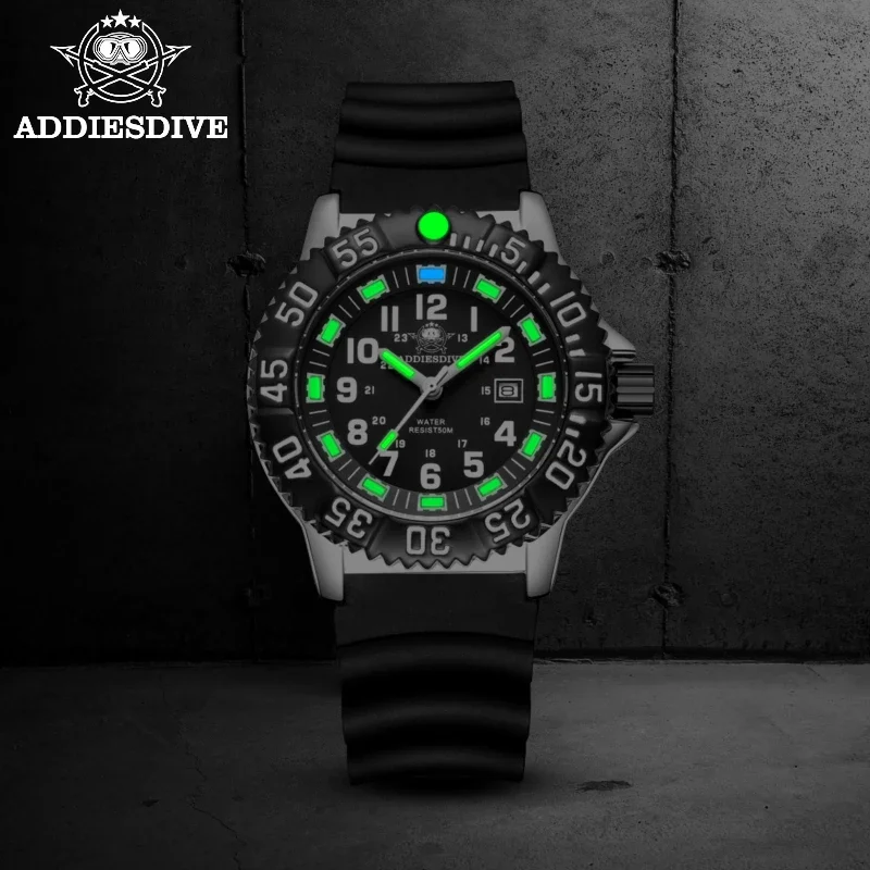 ADDIESDIVE Top Brand Men's Watch Calendar Display 50m Waterproof Green Tube Luminous High Quality Quartz Watches Reloj Hombre