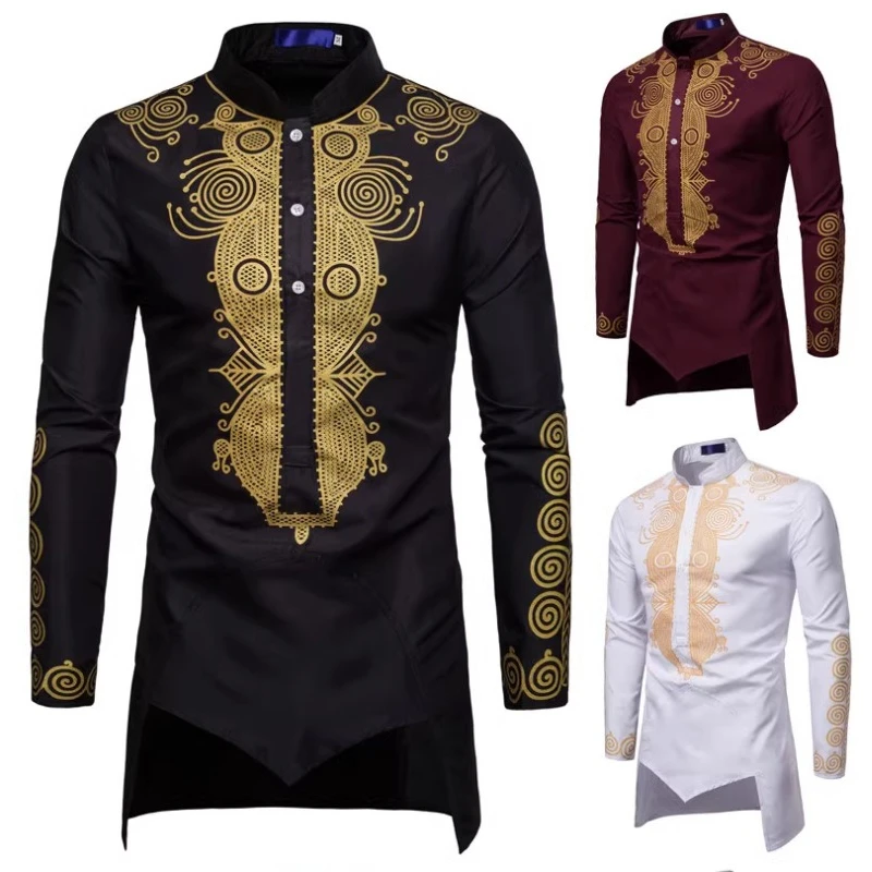

Ethnic Style Young Men's Pullover Style with Gold Stamping Single Long Shirt Casual Slim Shirt Men muslim shirt kurta for men