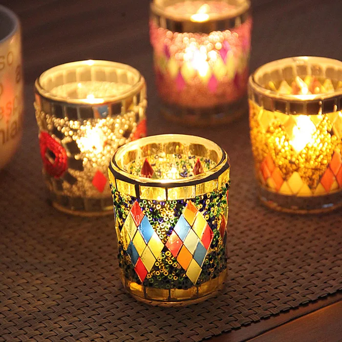 Euro Colorful Mosaic Candle Holder Cafe Home Table Dinner Decorative Candlestick Wedding Christmas Supply Candle Cup 6.2cm*5.2cm candle holders