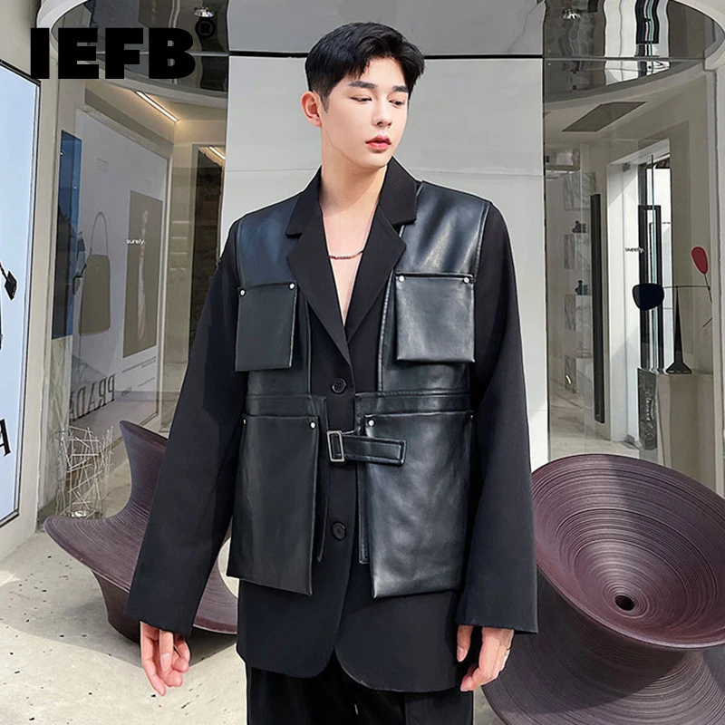 

IEFB Loose Fit Black Pocket Pu Leather men waistcoat Casual Vest New V-collar Sleeveless Fashion Tide Spring Autumn 2023 1DF1045