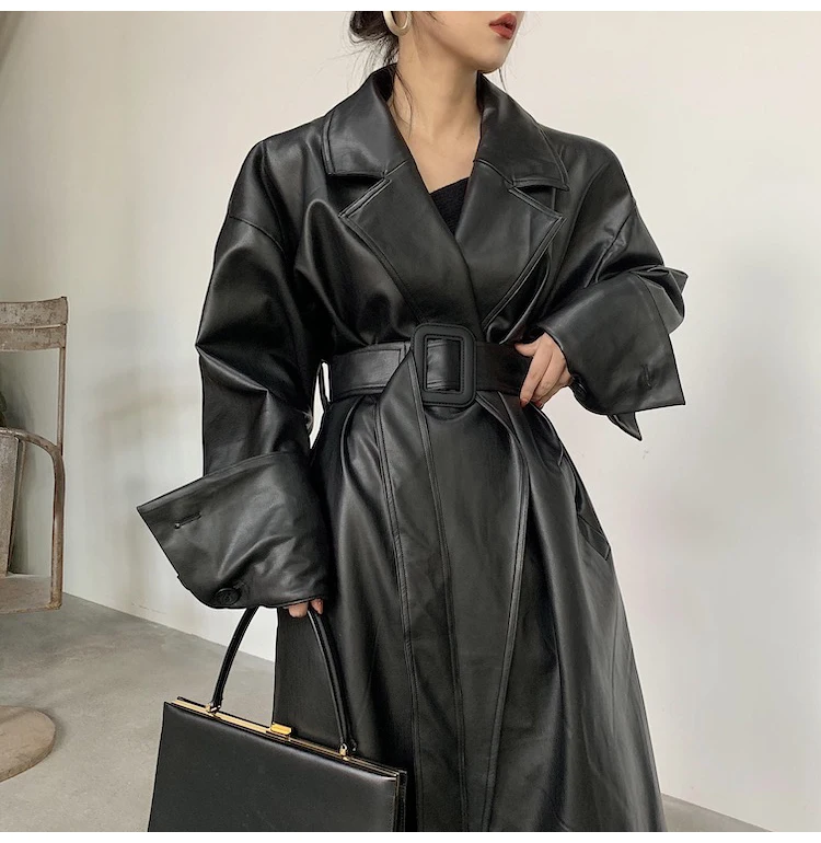 long down coat womens Lautaro Long oversized leather trench coat for women long sleeve lapel loose fit Fall Stylish black women clothing streetwear parka coat