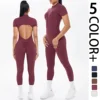 Short Sleeved Fitness Jumpsuit for Woman Bodysuits Backless Solid Color Scrunch One-Piece Suit Half Zipper Gym Yoga Sets Womens