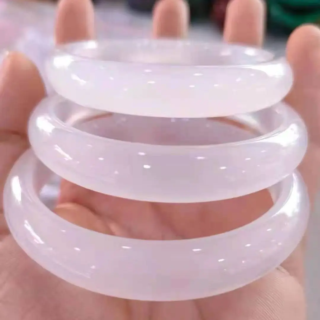 Natural Chalcedony Ice White Women Handcarved Jade Bangles Real Agate Fashion Bracelet Jewelry Accessories