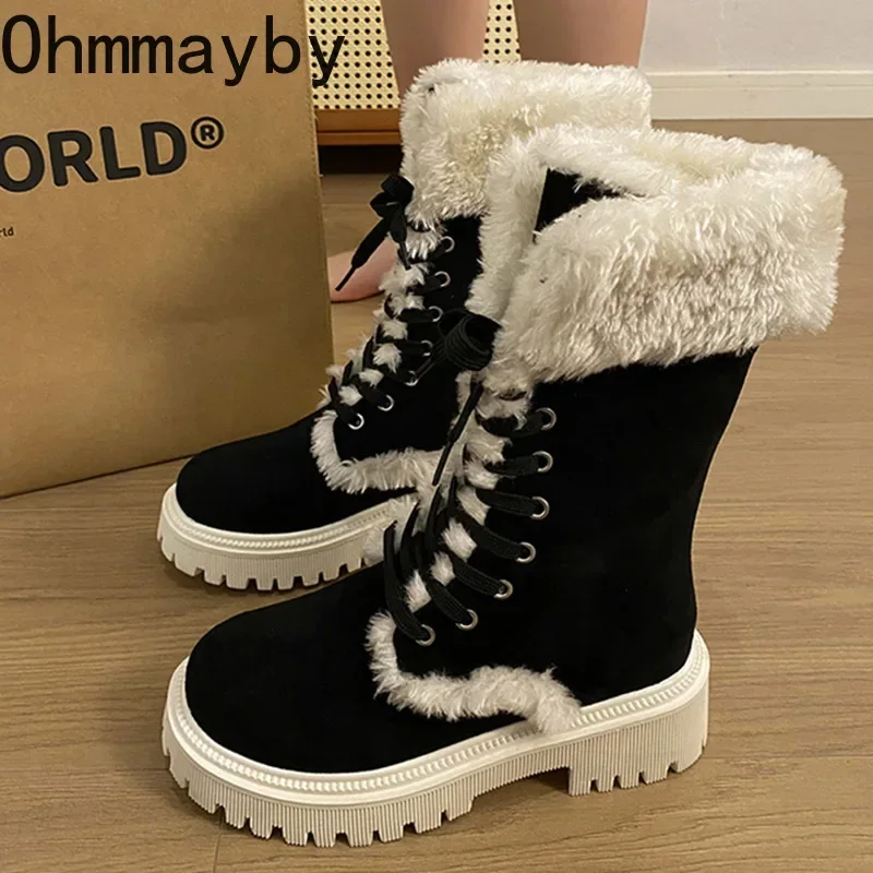 

Winter Women Snow Boots Fashion Lace Up Ladies Elegant Warm Cotton-added Mid Calf Booties Round Toe Flats Women's Footwear