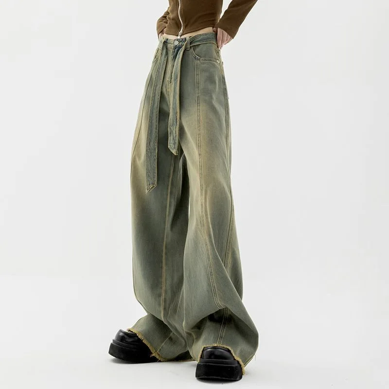 Denim Planet Street Style Drag Pants Pleated Jeans Women's Open Waist Straight Leg Loose High Street Wide Leg Pants