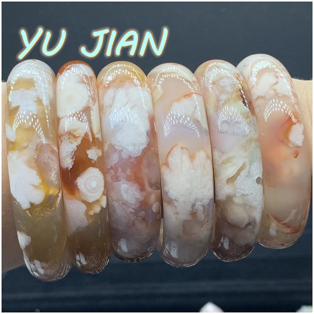 

Rare Natural Cherry Blossom Agate Elegance Exquisite Jade Bracelet Ice Chalcedony Flower Grass Round Bar Bangle Handring Jewelry