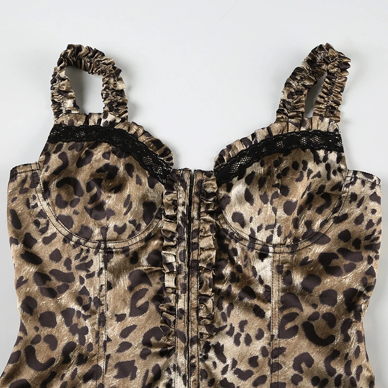 Y2K Leopard Print Square Collar Tank Top Lace Patchwork Lettuce Trim Hook Crop Tops Vintage Lady Fashion Streetwear
