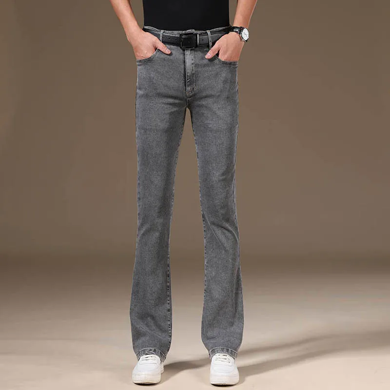 

High Street Men Boot Cut Flared Jeans Ripped Business Casual Male Summer Thin Elastic Gray Bell Bottom Simple Denim Pants