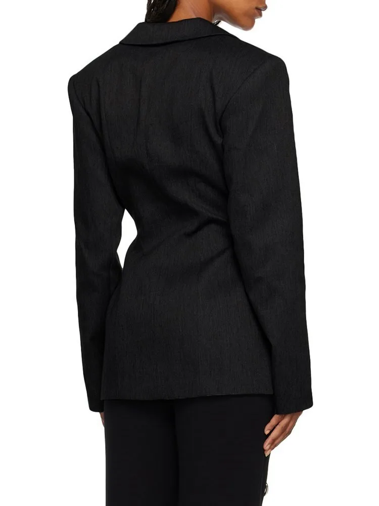 KBQ Patchwork Lace Up Hollow Out Blazers For Women Notched Collar Long Sleeve Irregular Advanced Temperament Blazer Female Style