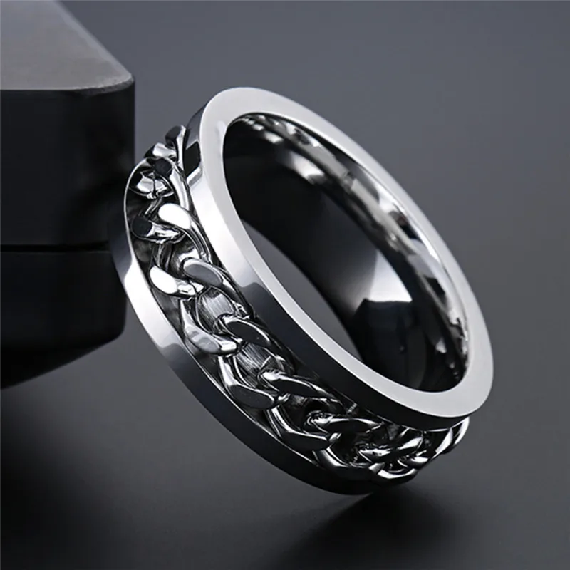 Finger Ring Stainless Steel Ring Couples Rings Chain Ring Fidget Spinner Ring Stainless Steel Rotatable Couple Ring Spinner Chain Rotable Rings for Women Man Punk Jewelry Party Gift