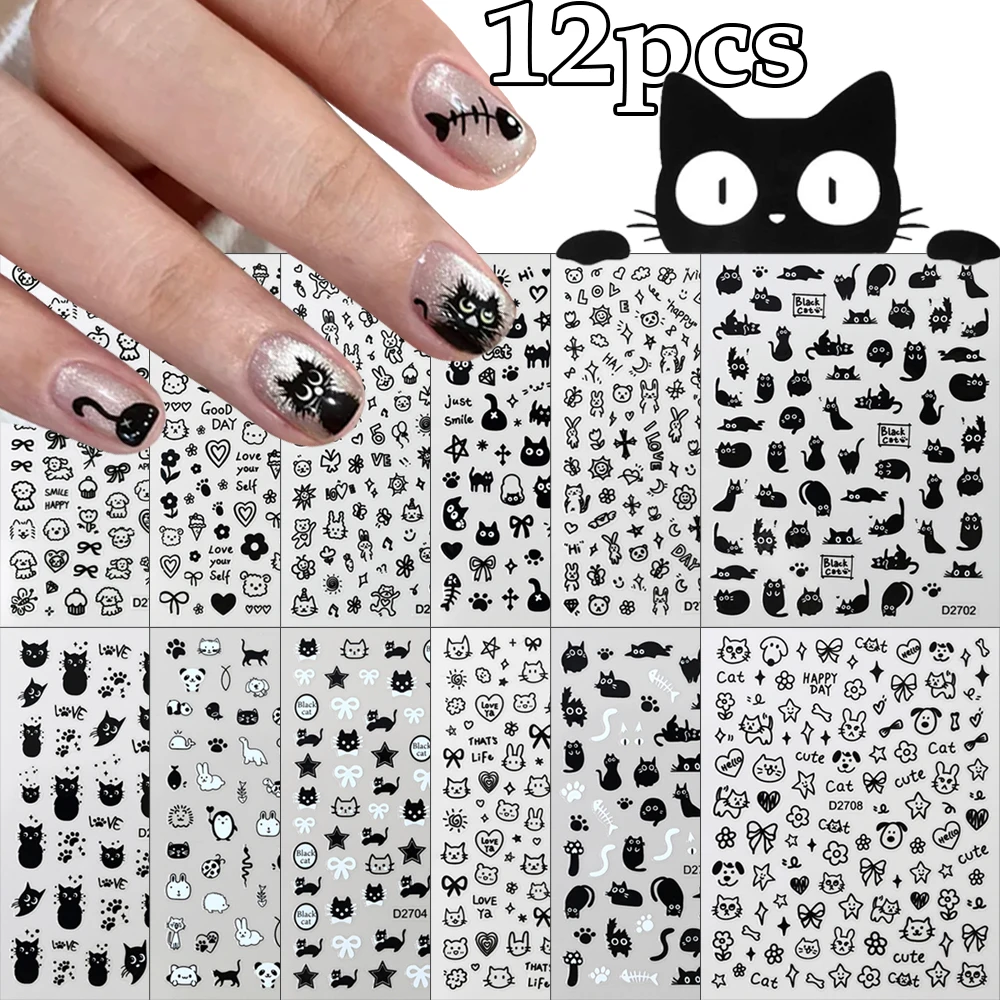 Nail Stickers 12sheet Cartoon Black Cat Nail Stickers Set Multiple Action Kawaii Puppy Kitten Nail Art Decals Adhesive Kids Manicure Decoration