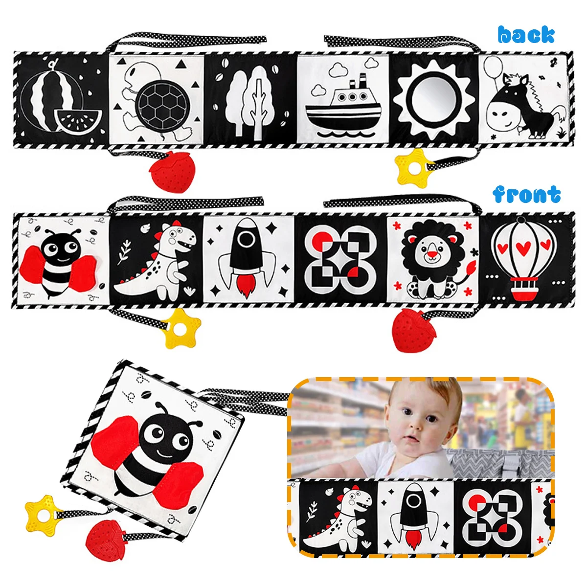 Libros suaves para bebés: libros de tela arrugada con tacto y tacto blanco y negro de alto contraste para bebés y niños 