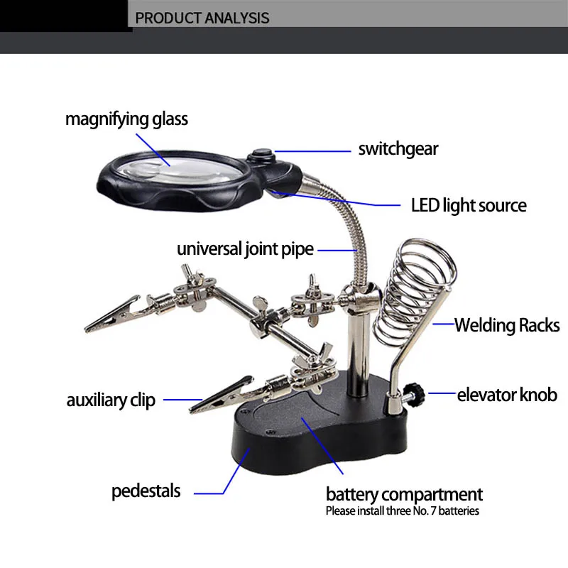 ESPLB 3.5X 12X Helping Hands Third Hand Soldering Iron Welding Stand Station with 2 LED Clip Welding Magnifier Magnifying Glass soldering helping hands