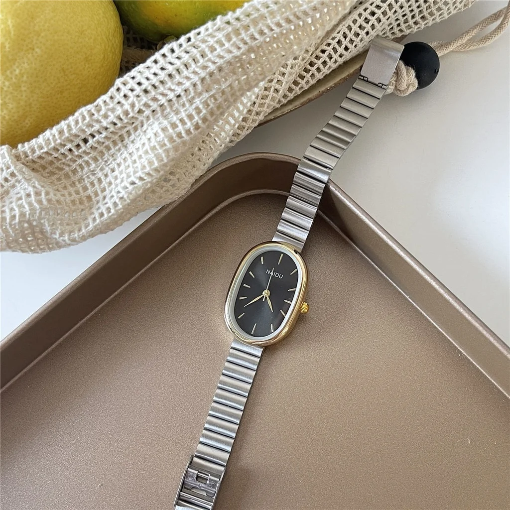 Light luxury fashion bar scale oval dial bamboo style steel strip quartz watch+one letter compact bracelet set 5