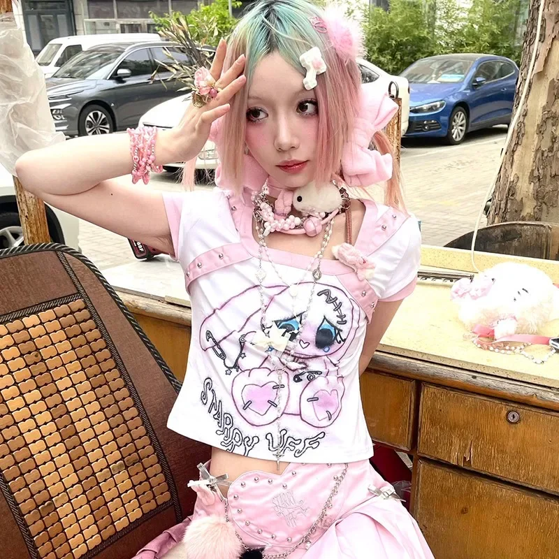 

Короткий топ в японском стиле для E-girl Y2k, футболка в стиле Харадзюку С мультяшным принтом, футболка в стиле пэчворк 20, винтажные милые розовые топы для E-girl