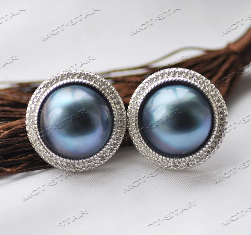 

MTC·STAR Z12435 Huge Real 19mm Blue Shell South Sea Mabe pearl 925Sliver Earring CZ