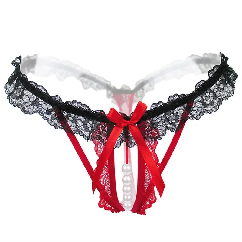 Sexy Panties Lace Lady Thong Low Waist Patchwork Perspective Pearl Sexy Panties T-String Women Underwear Gift