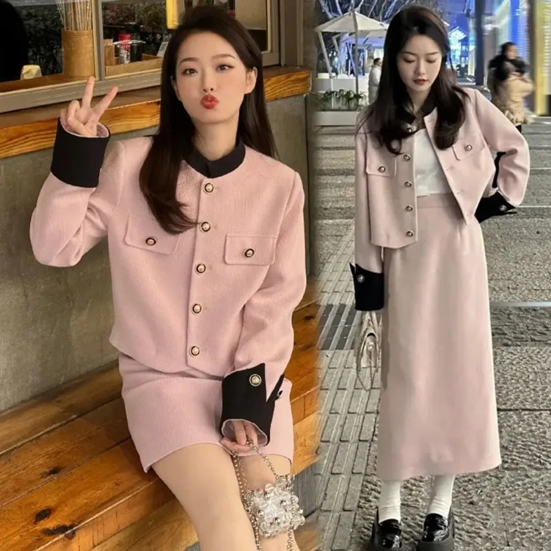 

UNXX Spring Autumn Fragrance Stand-up Collar Suit Jacket Skirt Two-piece Vintage Contrast Woolen Coat + Overskirt Sets Women