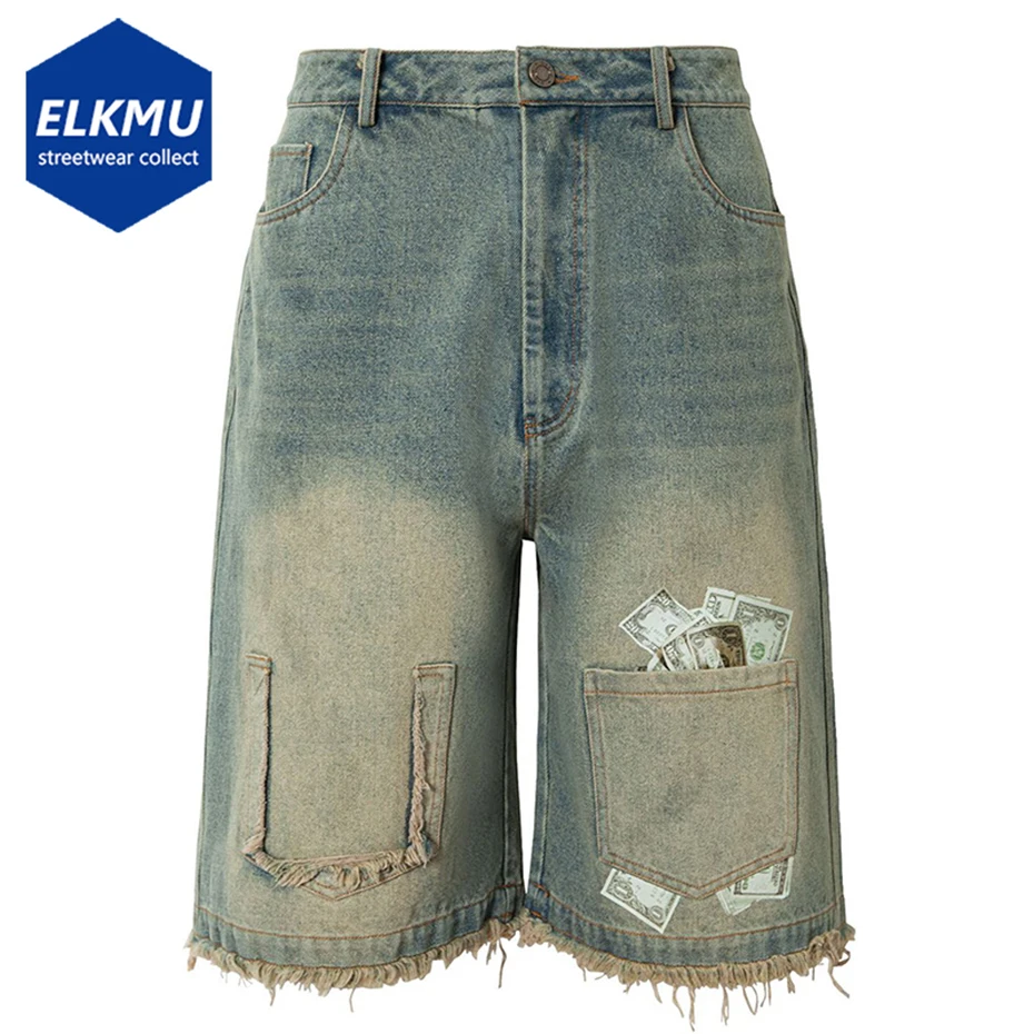 Vintage Men Denim Shorts Pokcet Patchwork Casual Loose Shorts Streetwear Harajuku Hip Hop