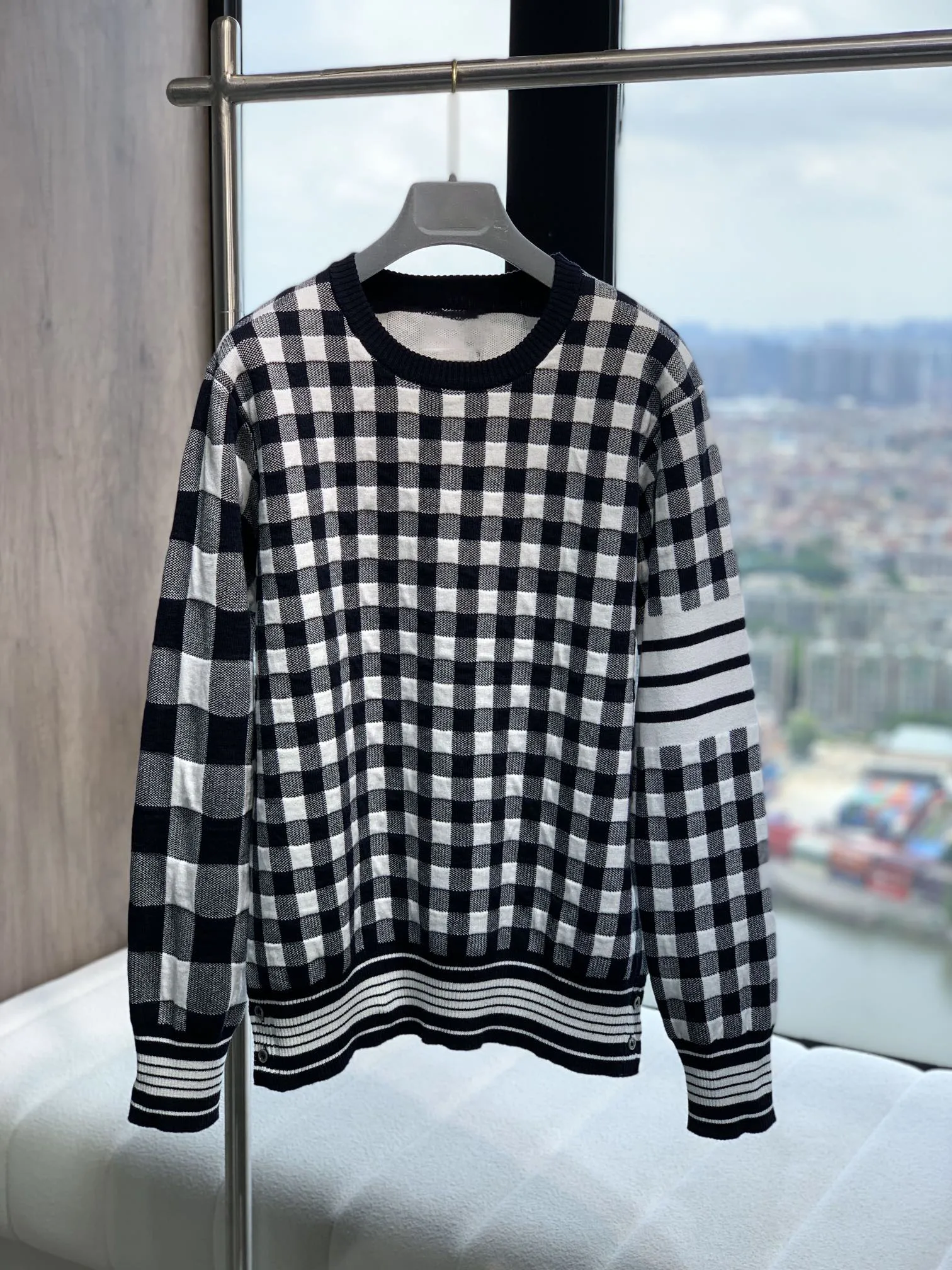 

TB THOM Men's Sweaters Harajuku Plaid White Stripes Mixed Color Crewneck Pullovers 23ss Autumn Streetwear Hot Sale Knit Tops