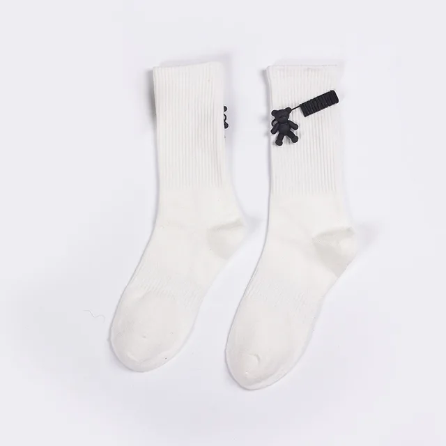 Black and White Pure Color Tube Socks Female Pin Bear Lovely Personality Tide Socks INS Korean Students Long Tube Cotton Socks 4