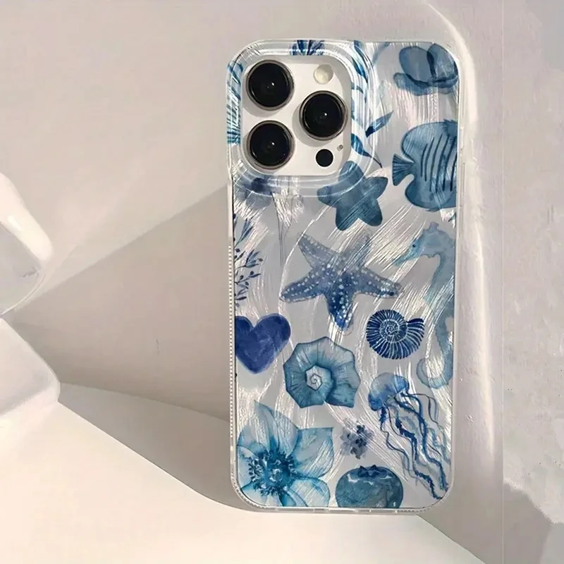 Chiffon Texture Lip Print Phone Case in Blue Ocean Element Design