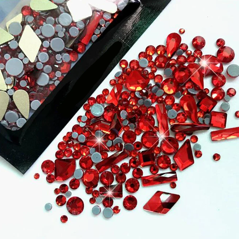 AB/Clear Flatback Mixed-Shaped Round Nail Art Charms Aurora Sparkly Gold/Red Rhinestones Xmas Manicure Decor Gems Diamonds 1Bag nail art rhinestones
