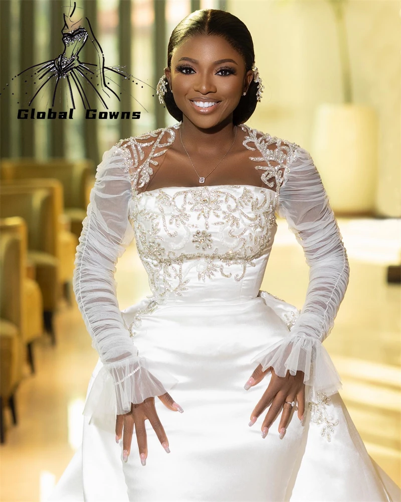 

Luxury Square Neck Wedding Dress For Black Girls Beaded Evening Dresses Mermaid Bridal Gown With Full Sleeve Robe De Bal