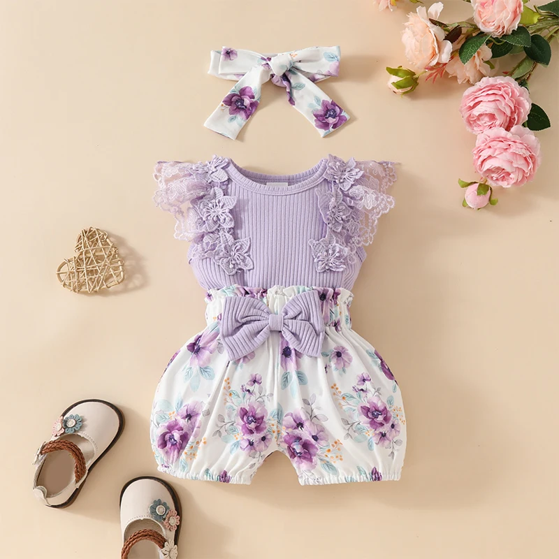 

Caziffer Baby Girls 3Pcs Summer Outfit Ruffle Short Sleeve Ribbed Romper Bodysuit Bow Shorts Headband Set Newborn Summer