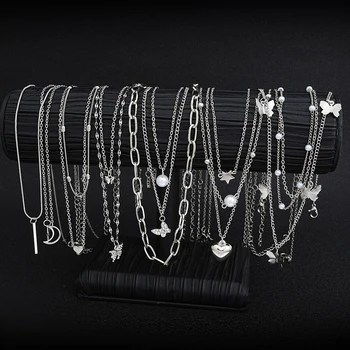 13Pcs/Set Simple Temperament Necklace Set Butterfly Pearl Heart Star Zircon Silver Color Necklace for Women Fashion Jewelry Gift 2
