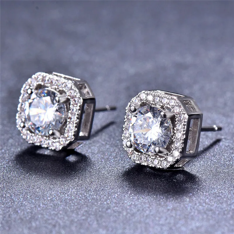 Crystal White Zircon Stud Earrings Small Round Vintage Wedding Jewelry For Women