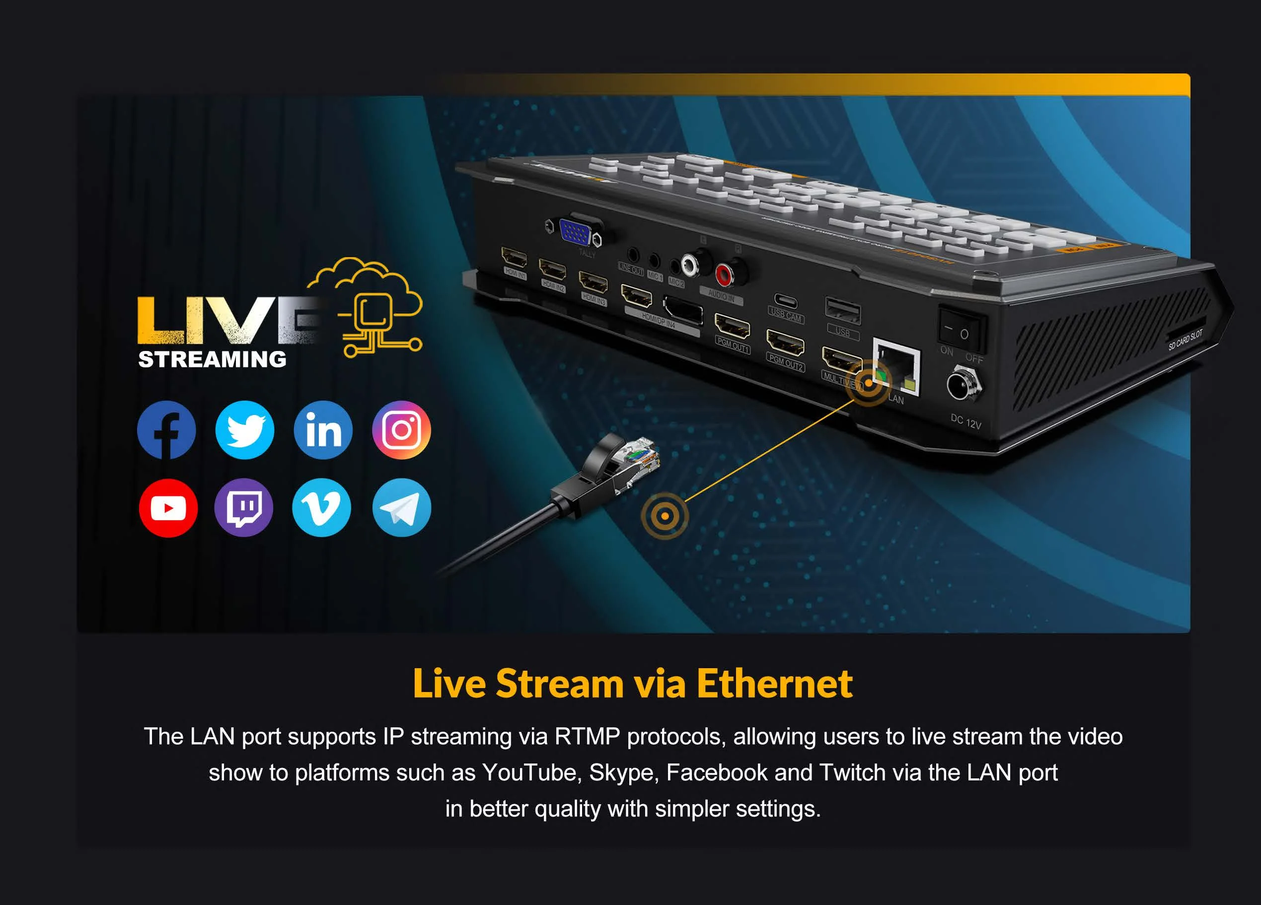 HVS0401E 방송 HDMI/DP 비디오 스트리밍 스위처, OBS 라이브 스트림 오디오 믹서, PGM 녹화 포함, 5 채널