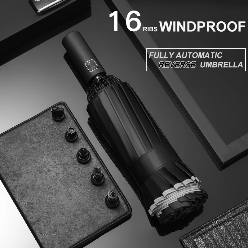 Folding Umbrella Automatic Umbrella Wind Resistant Umbrella Windproof Umbrella Reverse Folding Umbrella 16Ribs Men Women Umbrella Large Windproof Reflective Stripe Reverse Automatic Umbrellas Sun Rain Luxury Business Car Travel