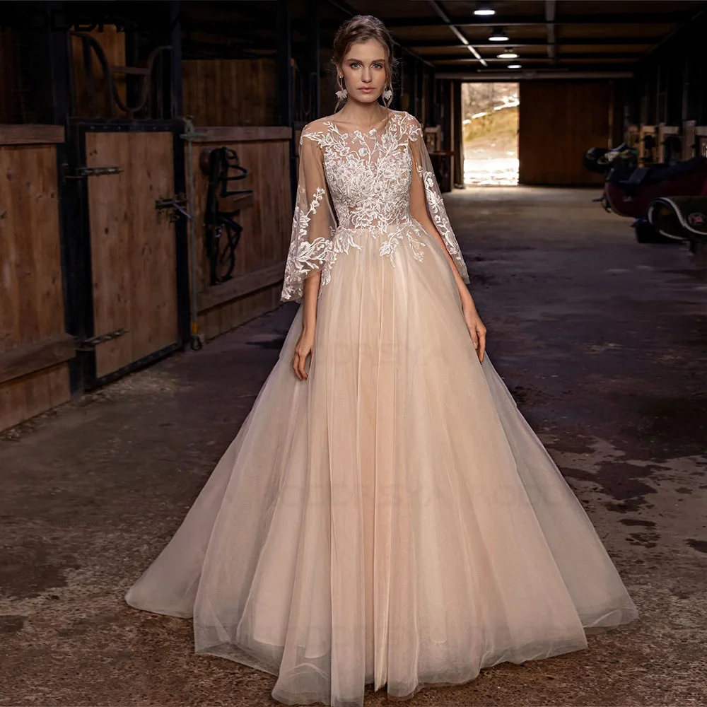 

RODDRSYA Sexy Illusion Weddding Dress Lace Applique O Neck Flare Sleeve Simple Floor Length Champagne Fashion Bridal Gowns