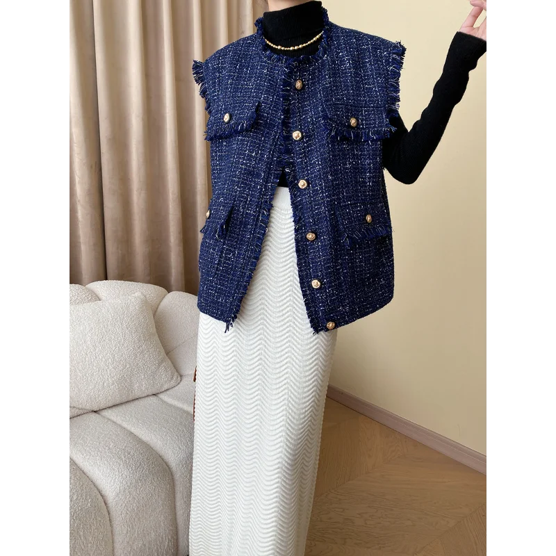 French Tassels Basic Tweed Vest Coat Women Autumn Casual Loose Stacked Blue Small Fragrance Korea Chic Fashion Sleeveless Coat