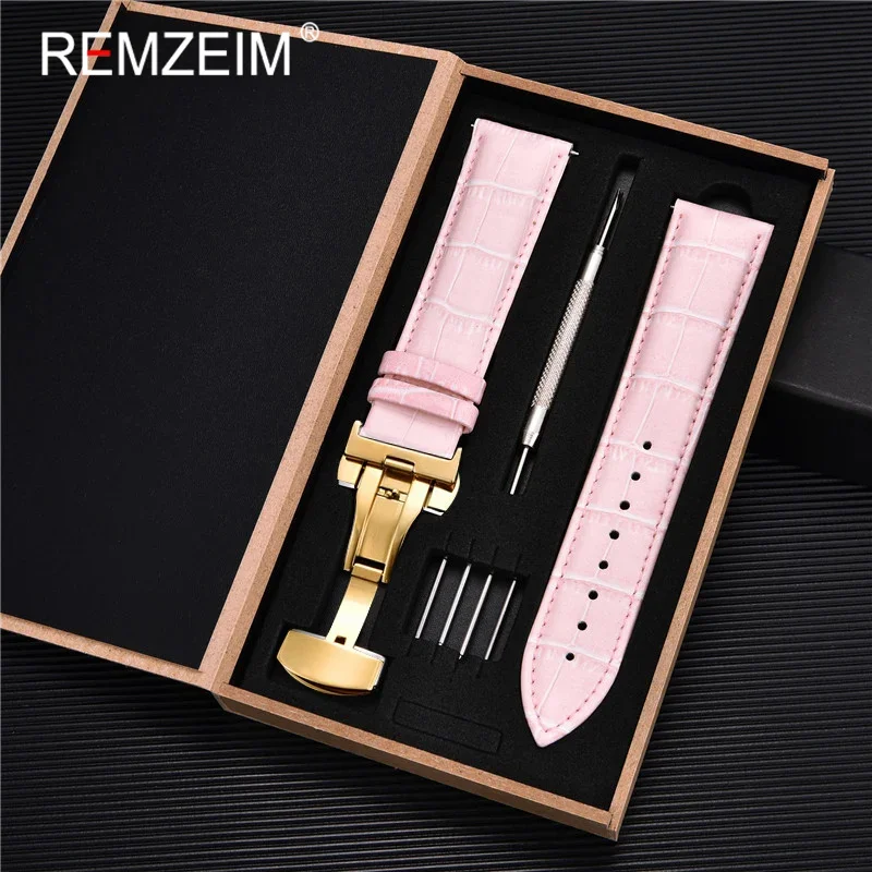 Premium Genuine Leather Watch Band with Stainless Steel Butterfly Clasp and Tool Set