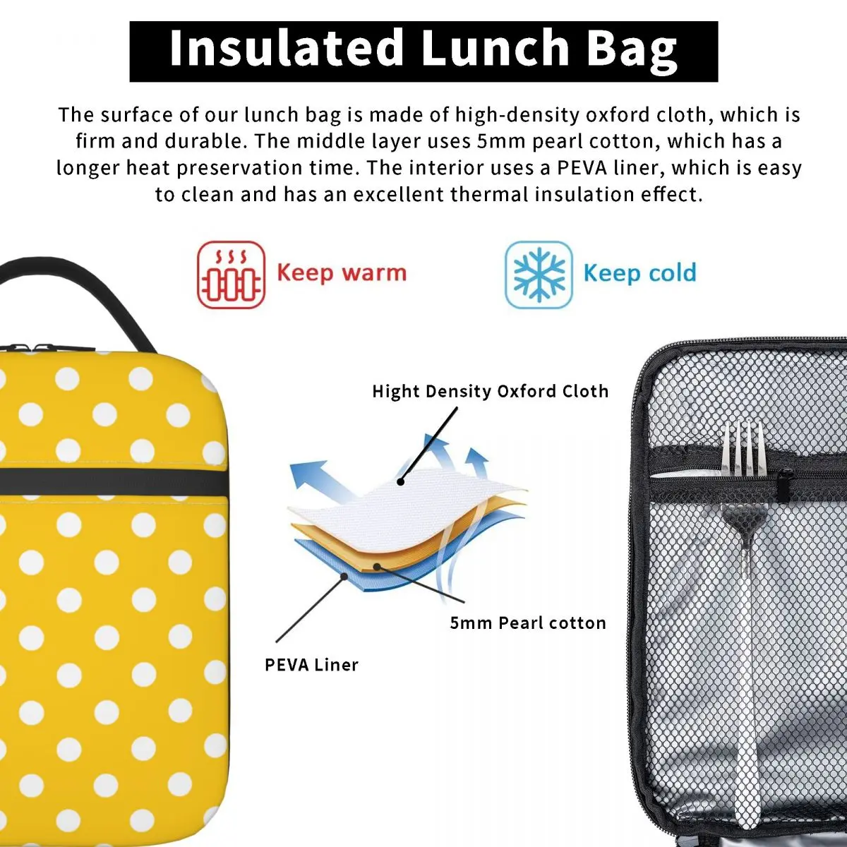 Yellow White Polka Dot Thermal Insulated Lunch Bags Resuable Lunch Container for Kids School Children Multifunction Food Box