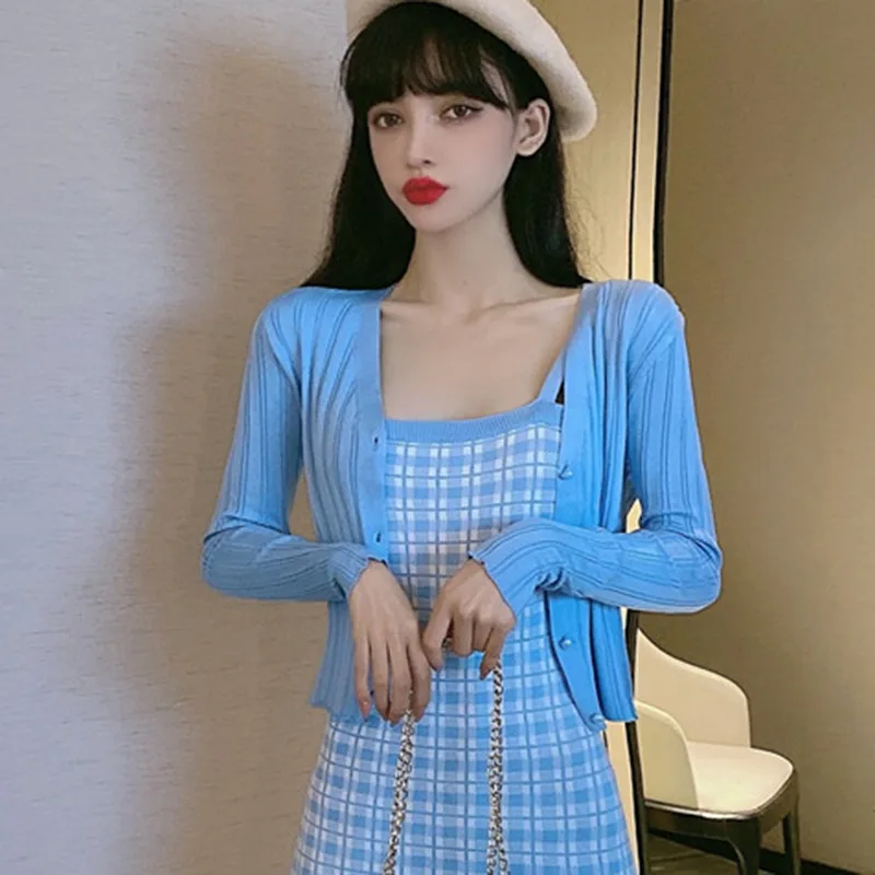 여성용 캐주얼 긴팔 가디건, V넥 얇은 자외선 차단, 단색 니트 탑, 소녀 에어컨 의류 의상