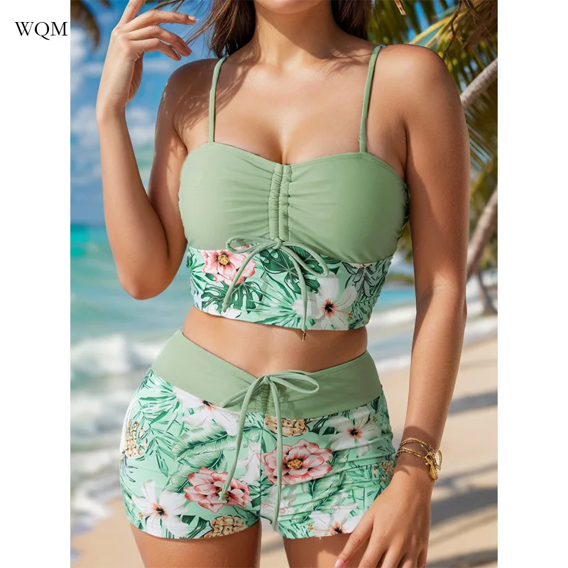 

WQM 2024 New Tankini Printed Drawstring High Waisted Sexy Bikini Swimsuit for Women