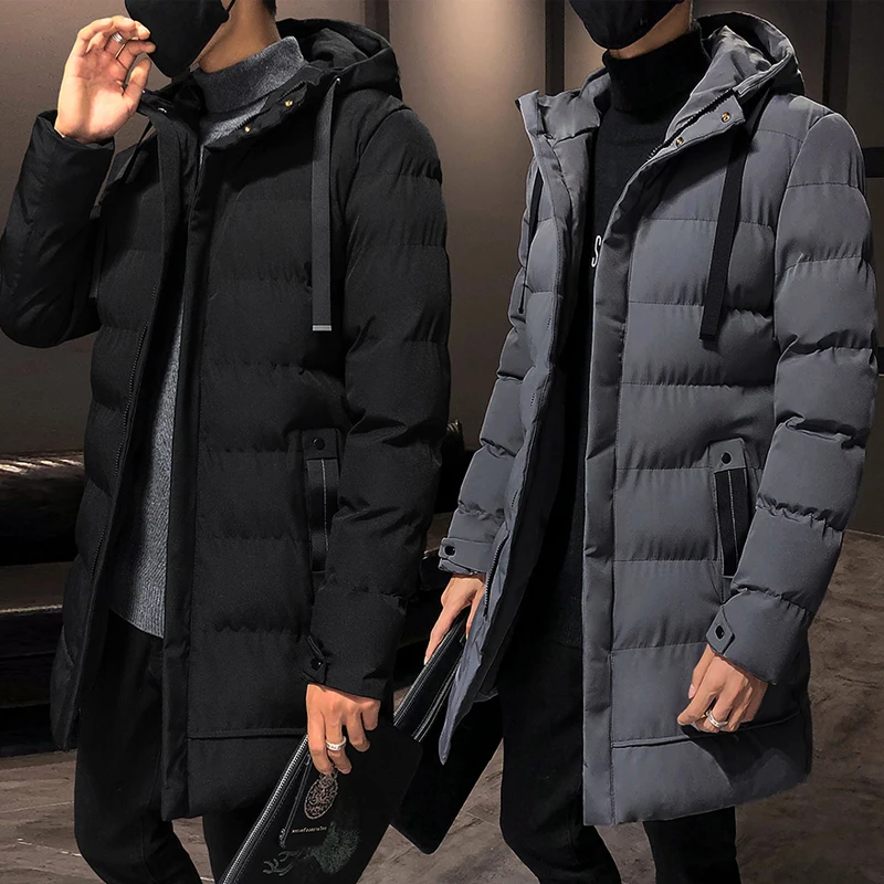 4XLMen's Clothing Long Coat Cotton-padded Jacket Solid Color Hooded Jacket Wind and Cold Warm Medium Long Jacket Portable Device