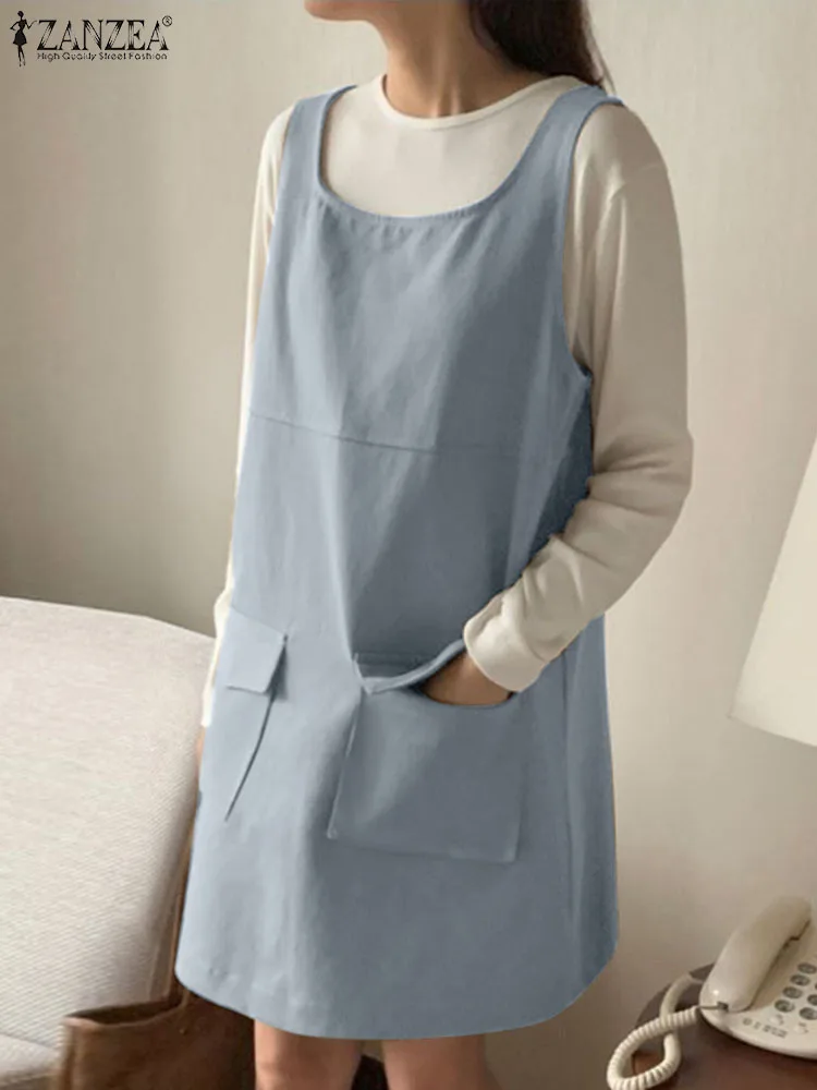 

ZANZEA Women Mini Sundress U-Neck Apron Dress 2024 Summer Fashion Sleeveless Straight Dress Solid Color Casual Loose Pocket Robe