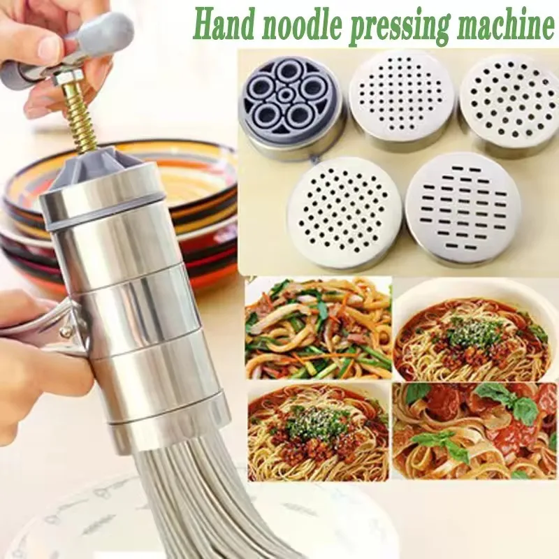 Stainless Steel Household Small Manual Noodle Pressing Machine Shake Pasta Noodle Making Machine with 2 Interchangeable Molds