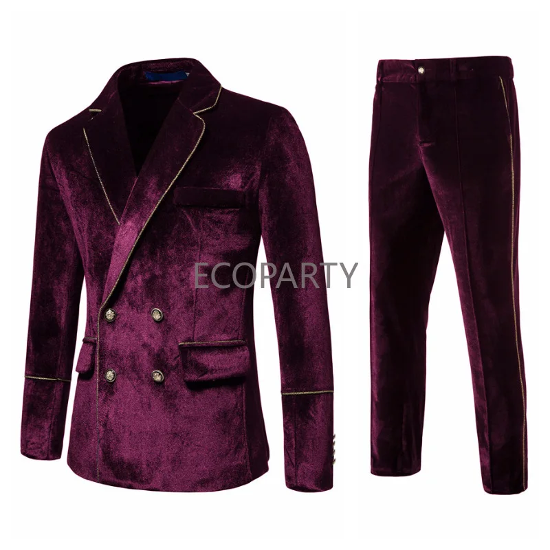 

Burgundy Velvet Blazer Black Trouser Double Breasted Men Suits 2 Pcs Wedding Clothing Party Wear Outfit Homme